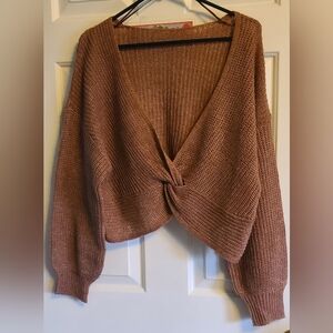 O'Neill Brown V-Neck Ribbed Sweater with Twist Detail